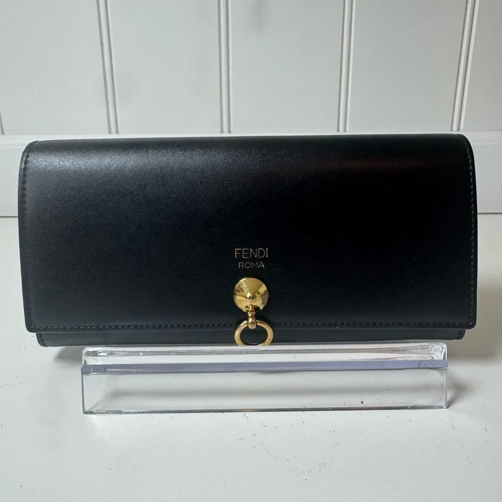 Fendi Women’s Black Long Leather Wallet with Gold Accent